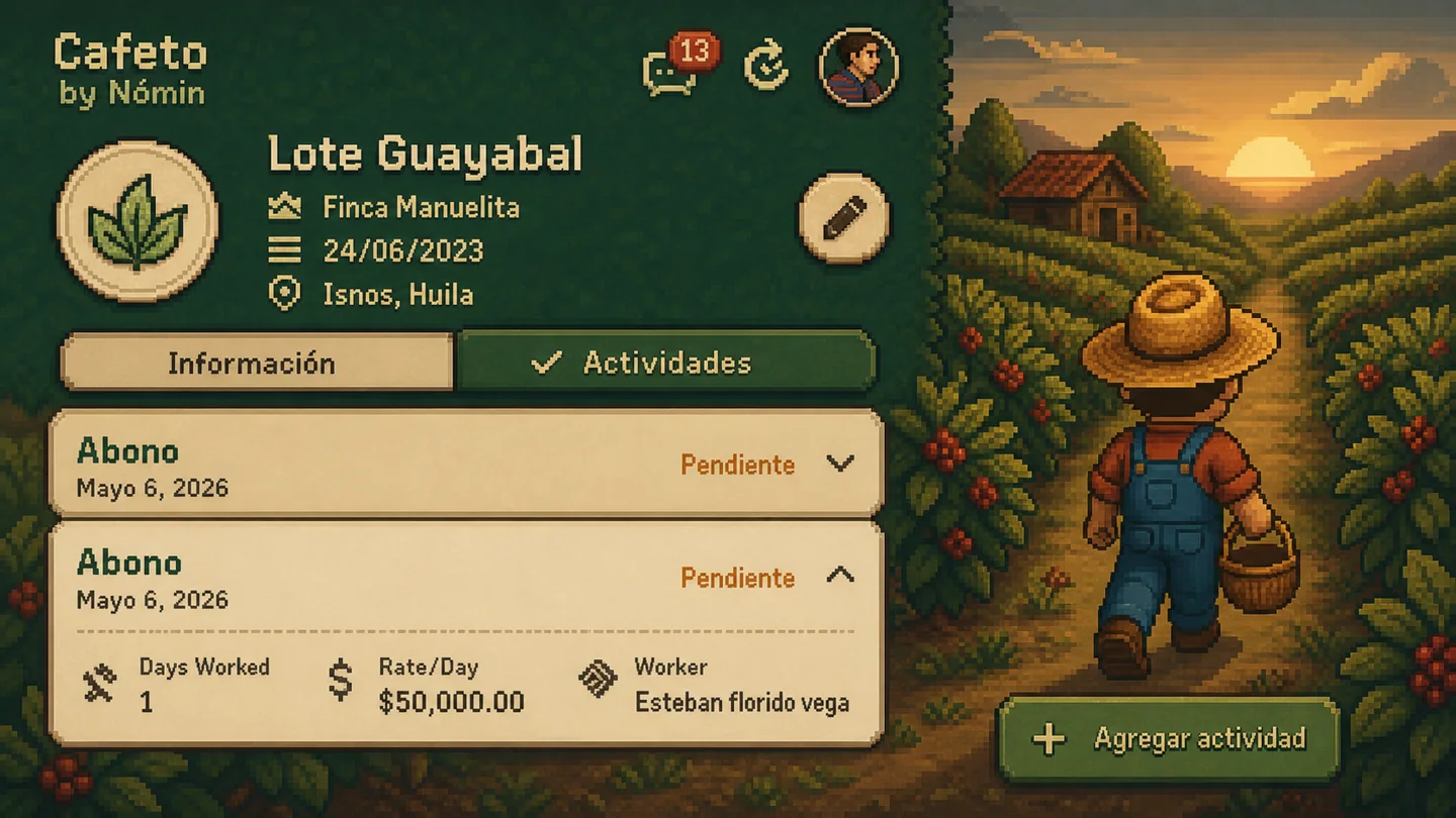 Registro de actividades de un cultivo en Cafeto