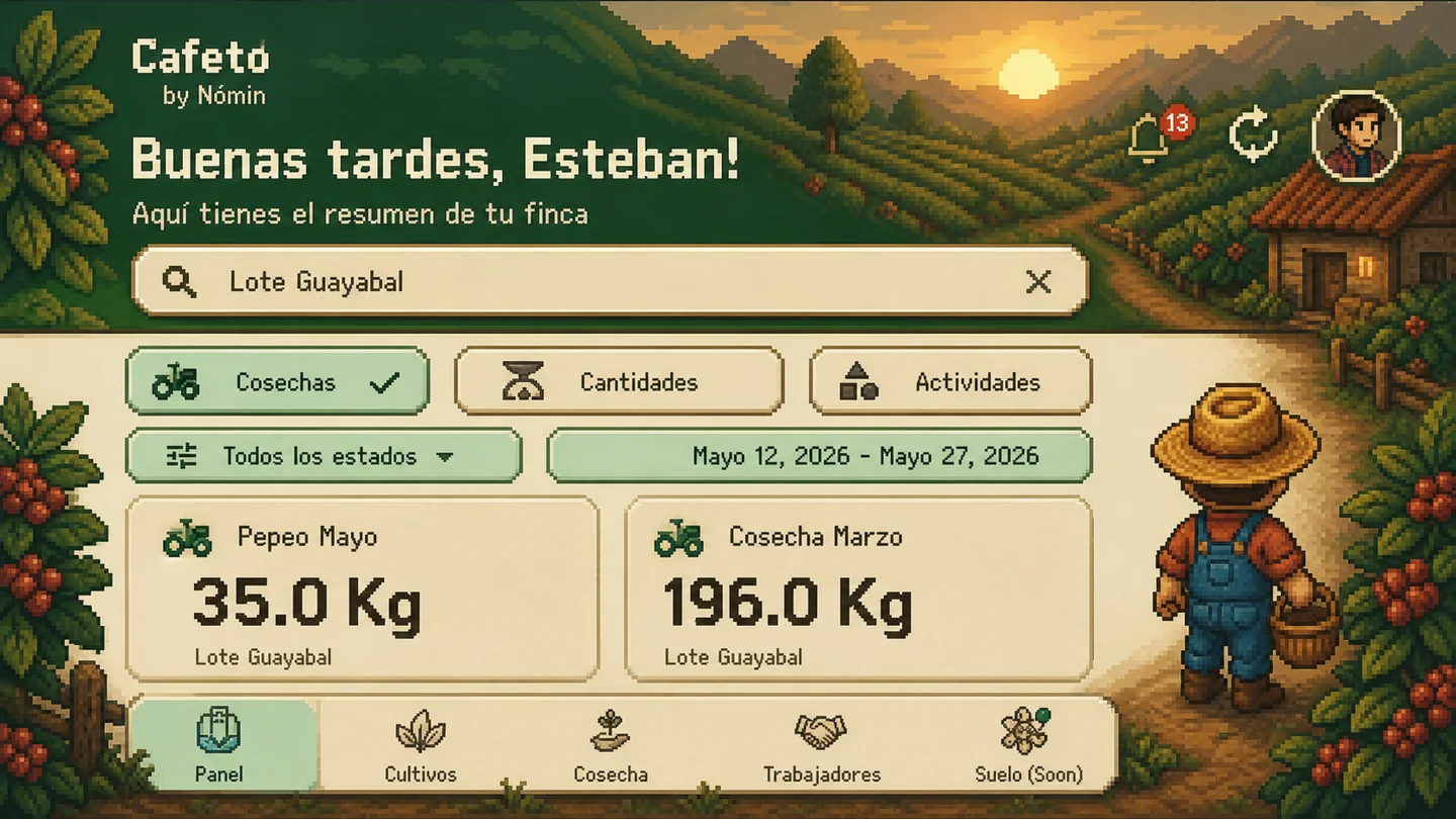 Resumen de cosechas de Cafeto mostrado en un teléfono