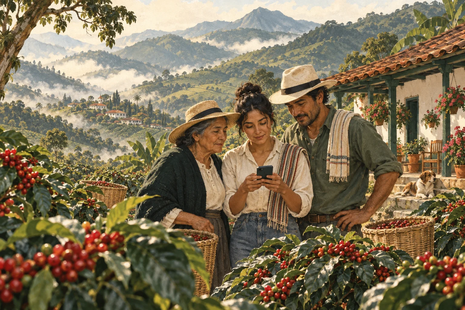 Ilustración de una familia cafetera compartiendo un celular frente a su finca, entre cafetales y montañas colombianas.